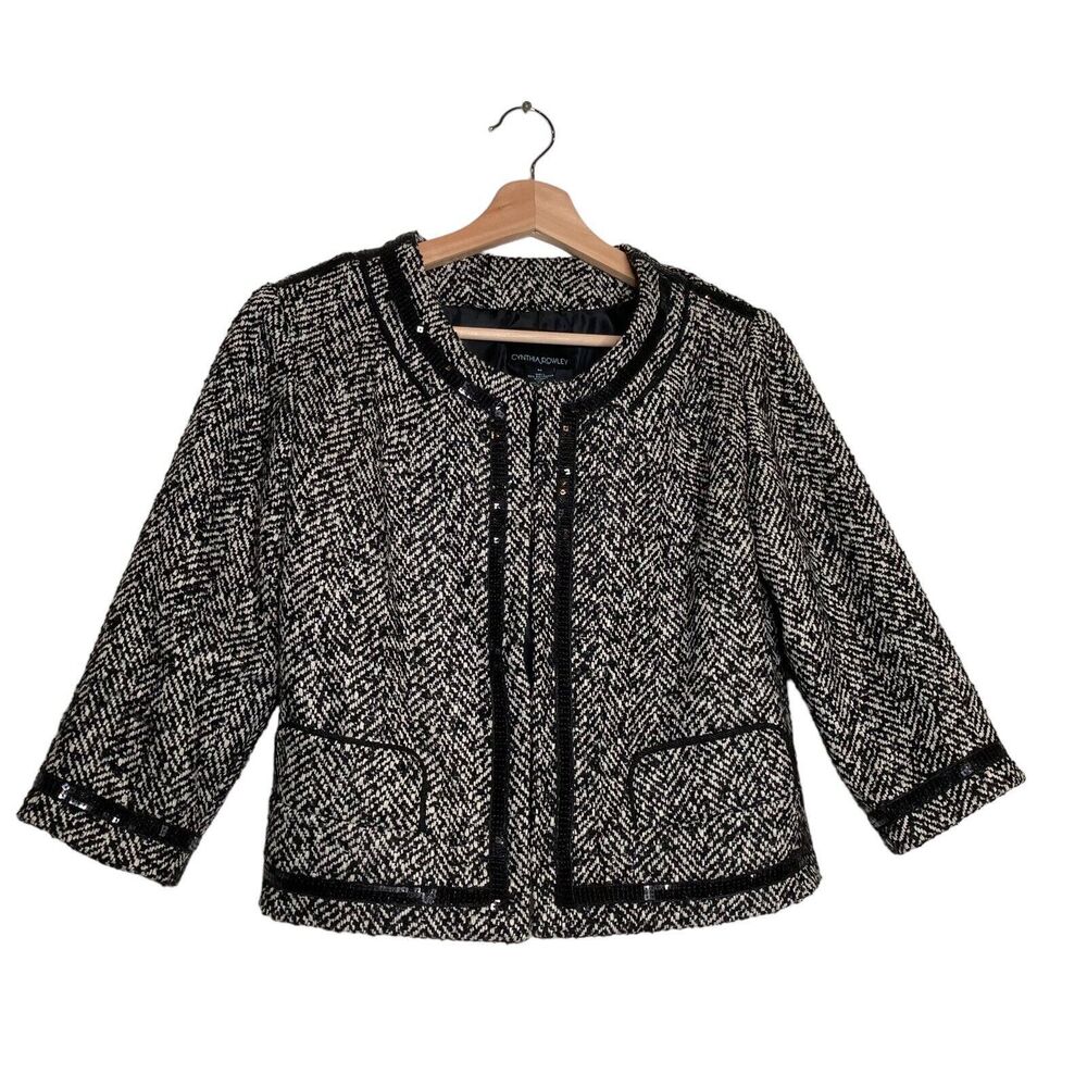 Cynthia Rowley Women Black White Tweed Sequin Polyester Blazer Jacket Size M